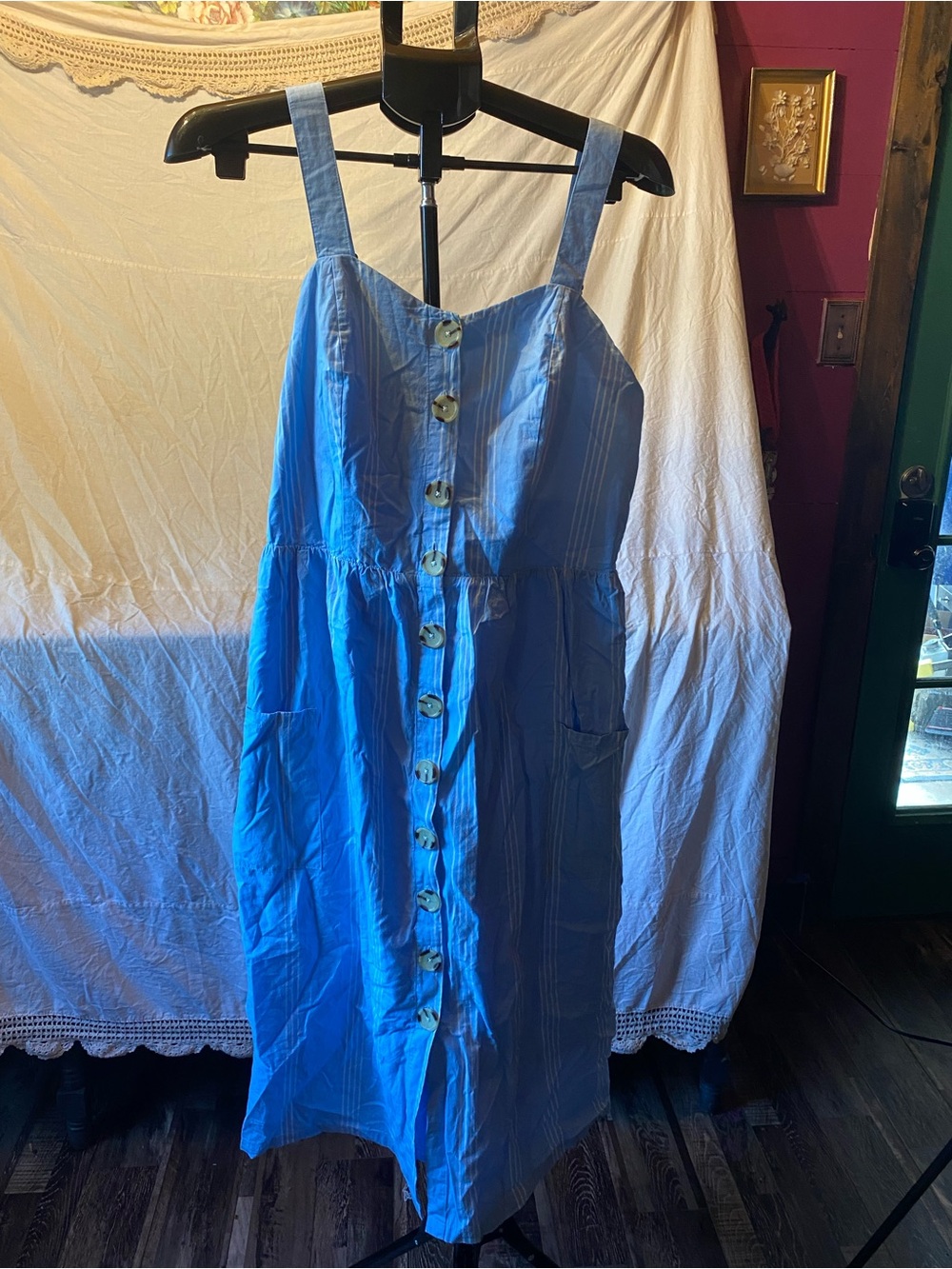 AND Light Blue Striped Button-Front Midi Dress